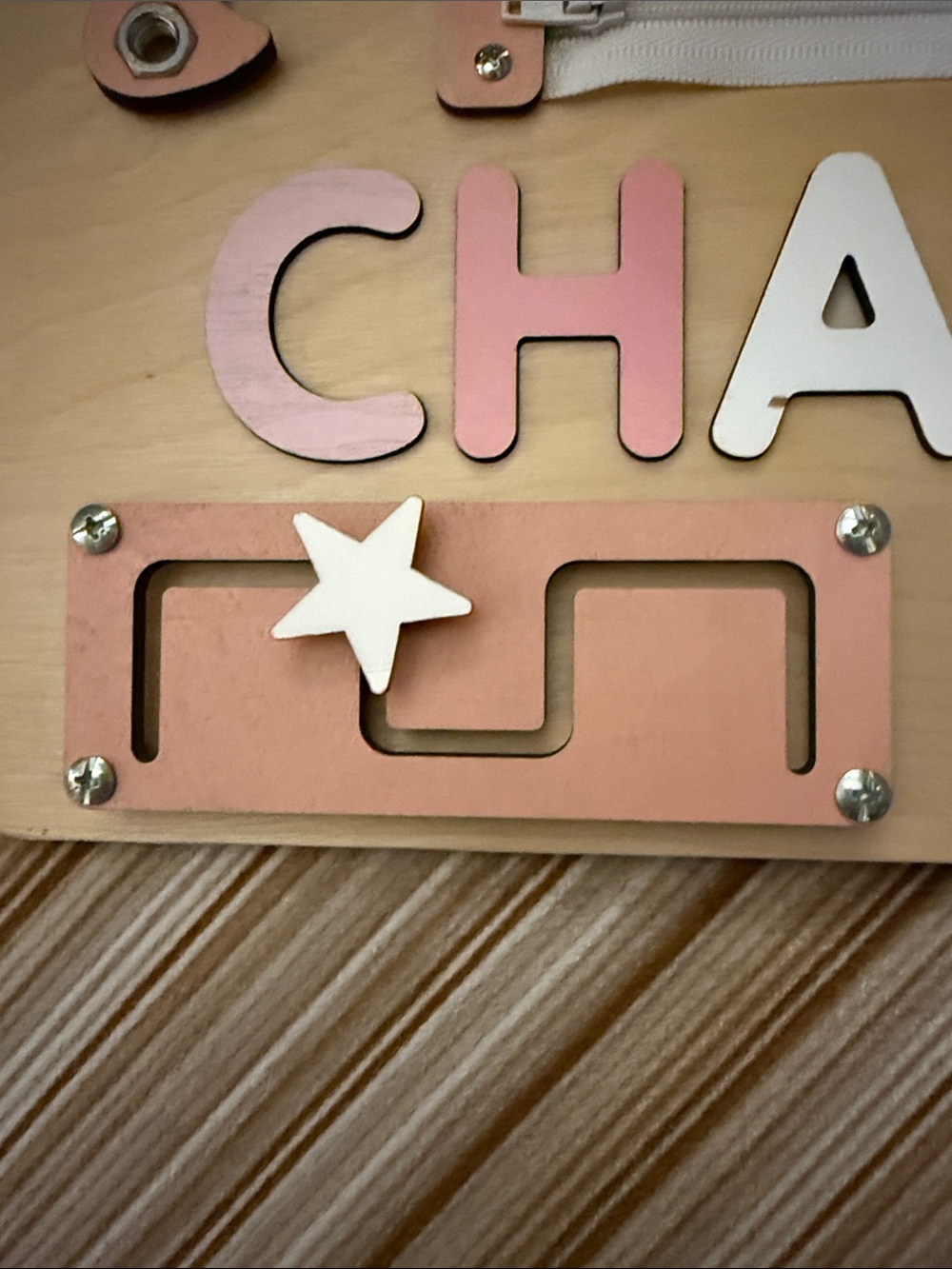 Wooden Activity Board for Girls- Personalized Pink and Natural for Charlie - Picture 7 of 13